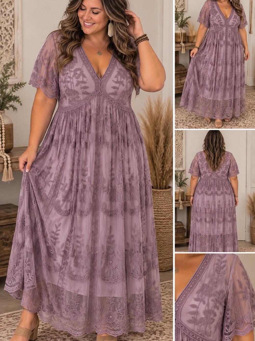 Lace V-Neck Maxi Dress in Mauve